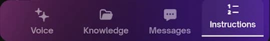 The AI agent tab bar: Voice, Knowledge, Messages and Instructions, with Instructions selected