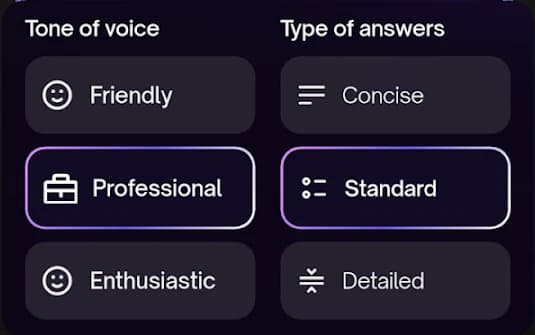 Tone of voice set to Professional and answer style set to Standard, with Friendly, Enthusiastic, Concise and Detailed as the other options