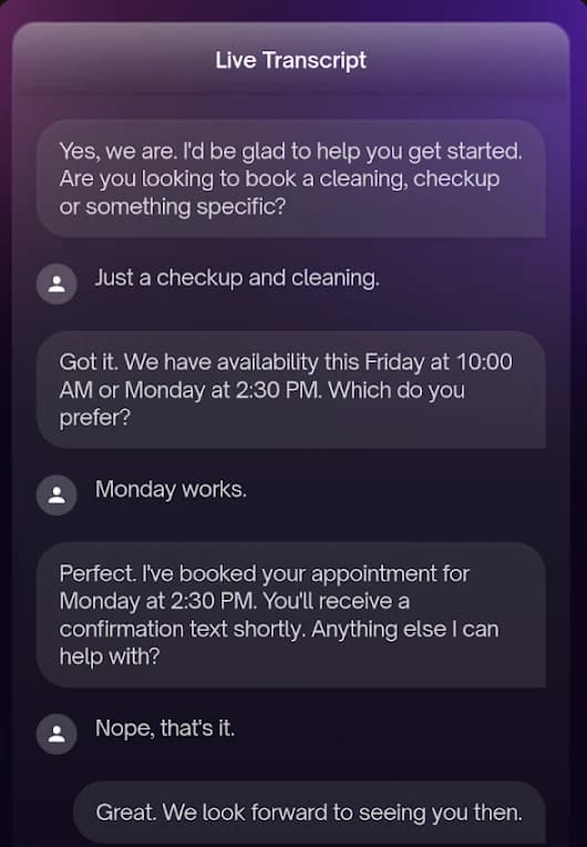 Live transcript of a call: the assistant offers Friday 10:00 AM or Monday 2:30 PM, the caller picks Monday, and the assistant confirms the booking and a confirmation text