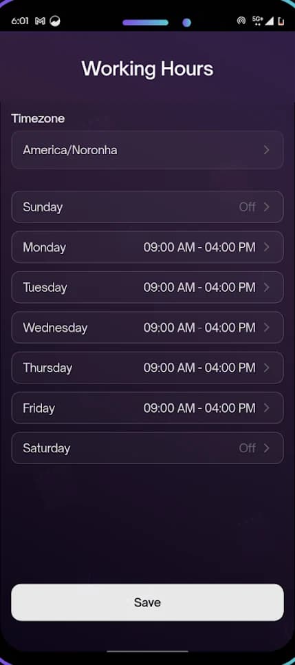 The working-hours screen, showing opening times set per weekday with Sunday and Saturday switched off
