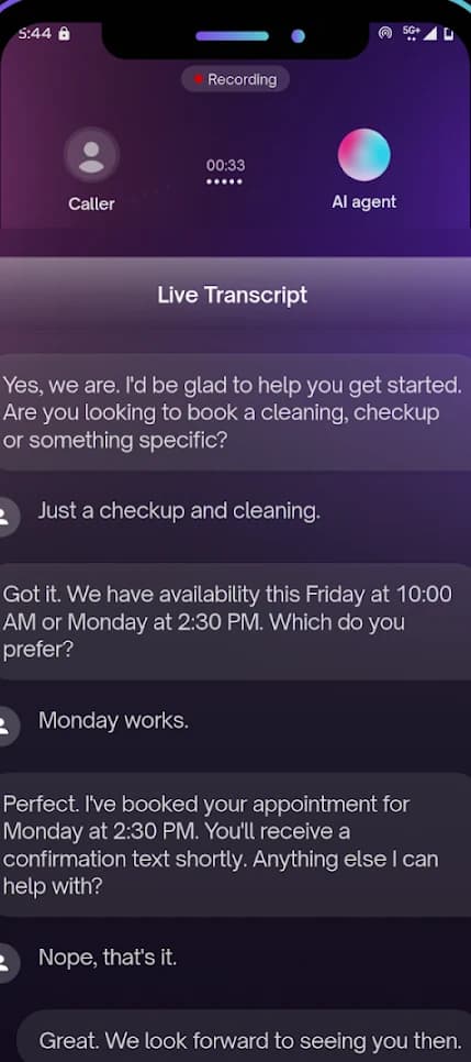 RingFront AI answering a live call, with the conversation transcribed in real time as it books the appointment